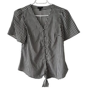 ANN TAYLOR PETITE women black white checkered gingham button front blouse - XP